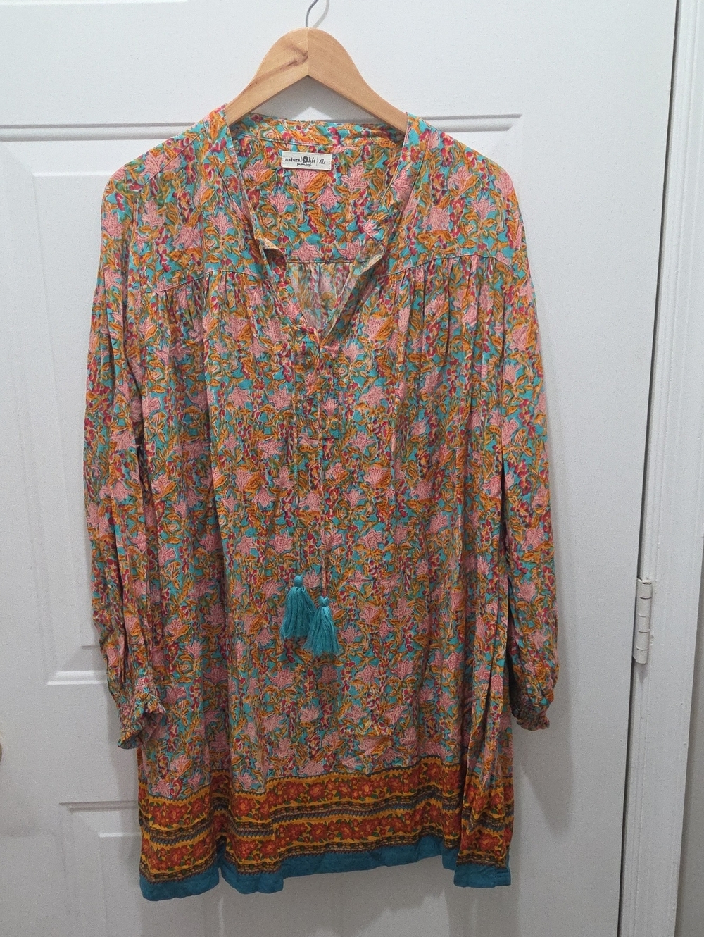 Natural Life Boho Floral Tassel Tunic Dress - Orange, Pink & Teal XL